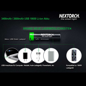 Nextorch Akku 18650 USB Lithium-ion (Li-Ion) 3,6 V, 3400 mAh + Ladekabel